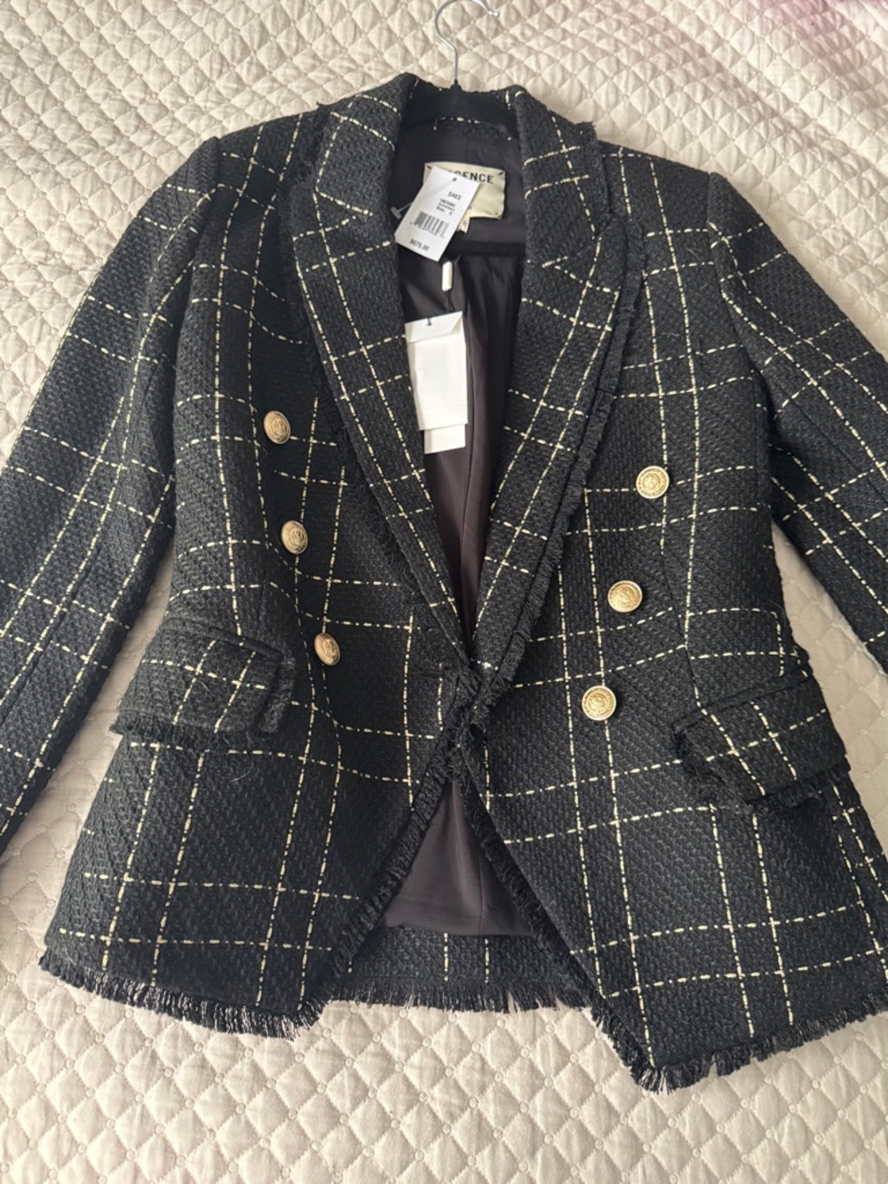 L'AGENCE Black Windowpane Double-Breasted Tweed Blazer with Gold Buttons - Picture 3 of 5